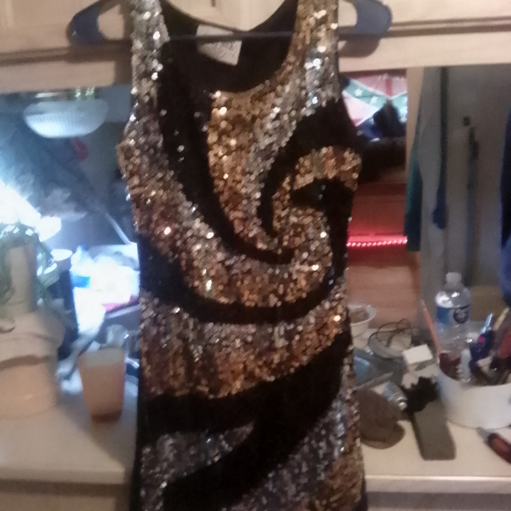 Sequin Swirl Black and Gold Dress